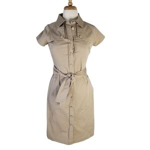 Talbots Khaki Stretch Safari Belted Button Front Shirt Dress Size 6